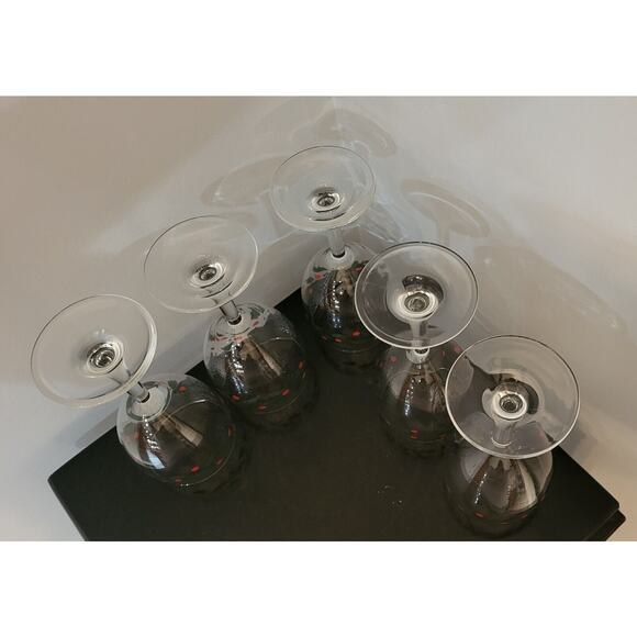 Christmas Holly Berry Gold Confetti Wine Glasses Set of 5 Holiday Stemware 7 In - Picture 11 of 12